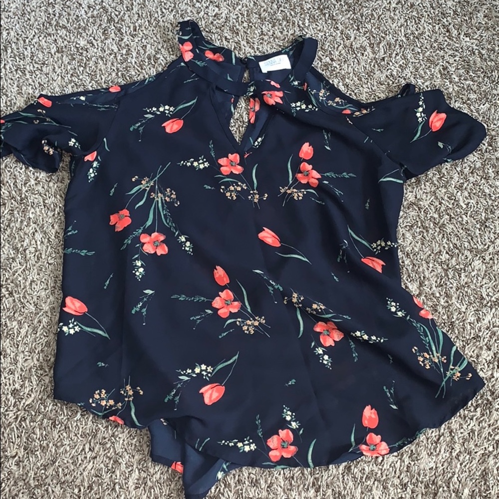 Dark blue floral shirt open shoulders